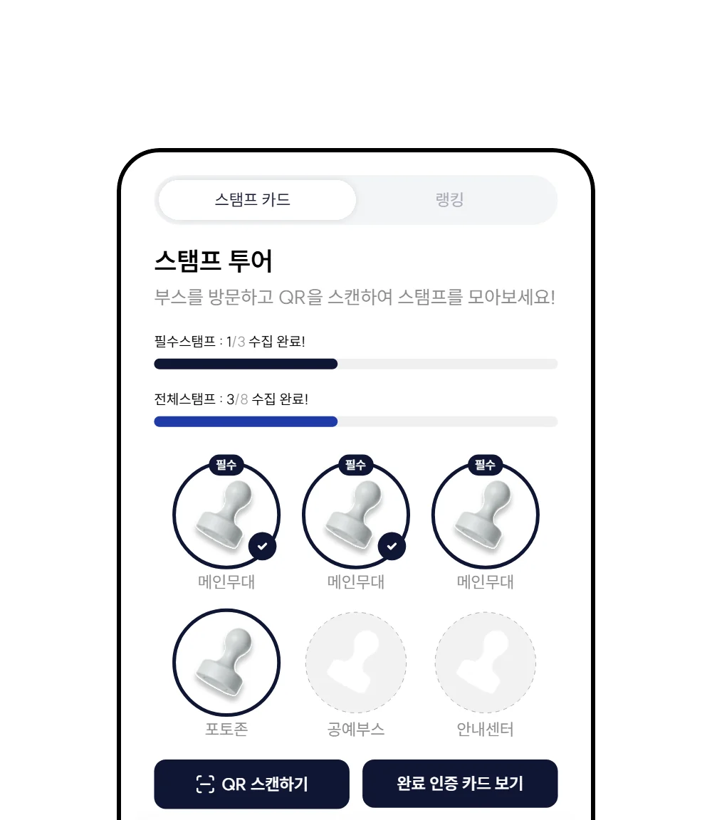 QR 스탬프투어에서 필수·전체 스탬프 수집 현황을 보여주는 화면